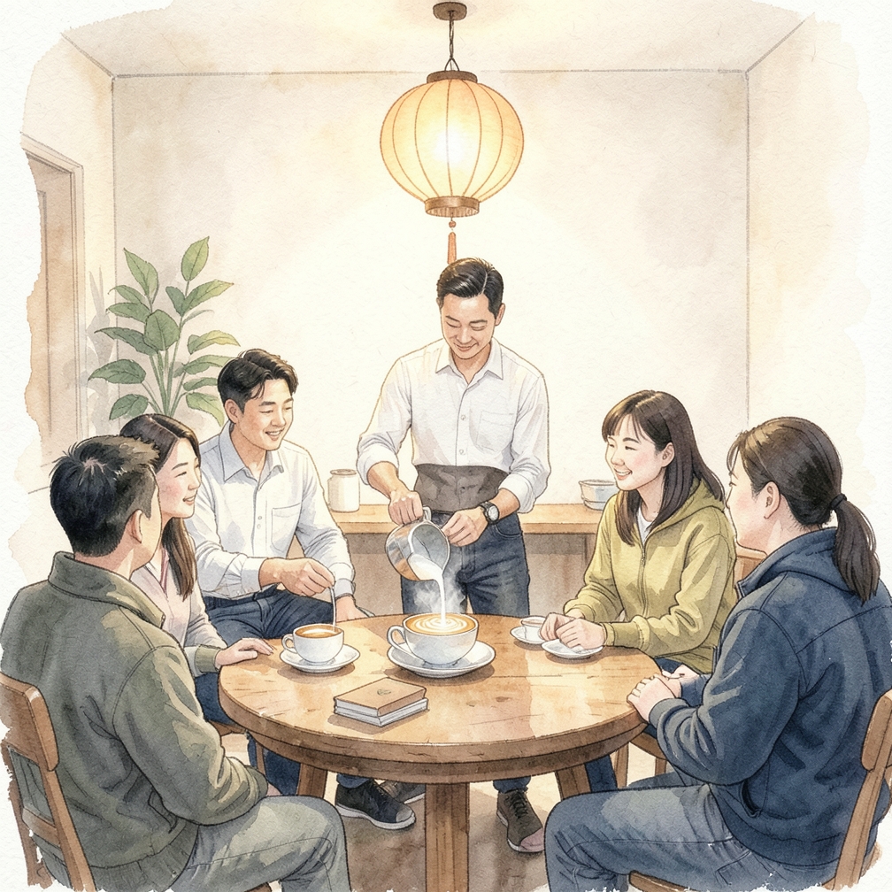 将奶壶倾斜并缓慢倒入浓缩咖啡杯中