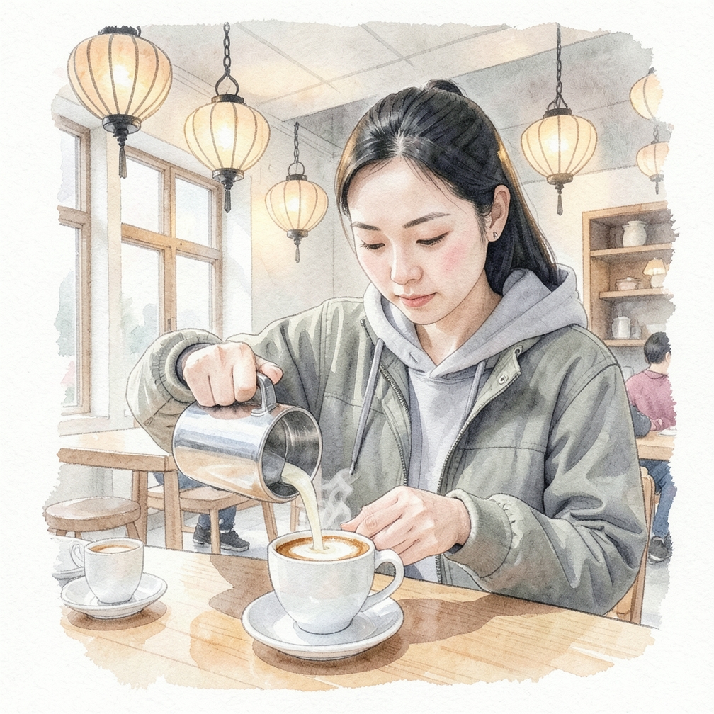 调整奶壶角度以形成更复杂的图案