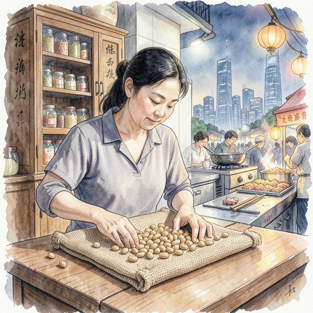 将袋子平铺在桌面，双手均匀施力滚动擀面杖