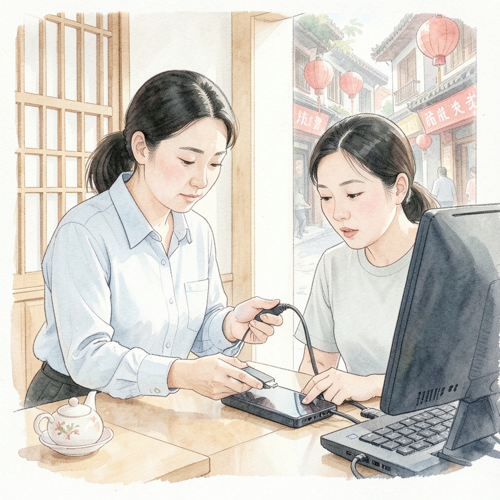 使用USB线连接移动电源和电脑或笔记本电脑