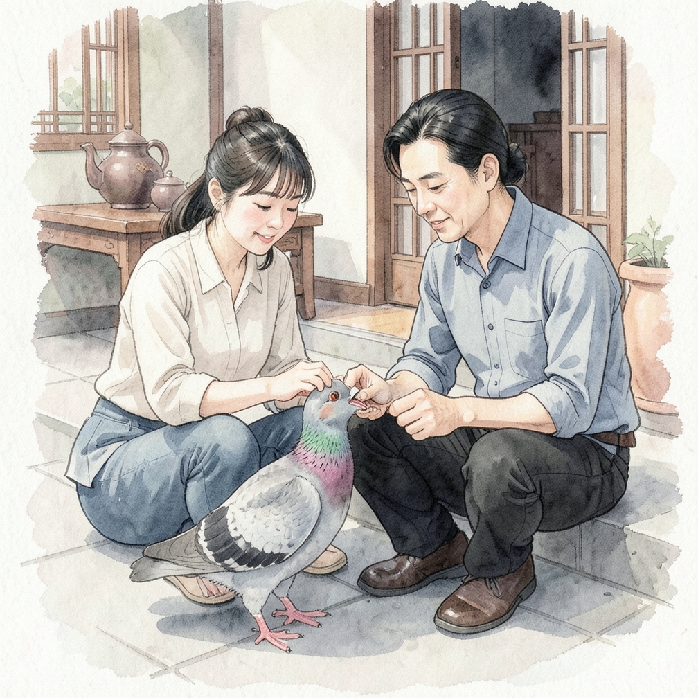 打开幼鸽嘴巴
