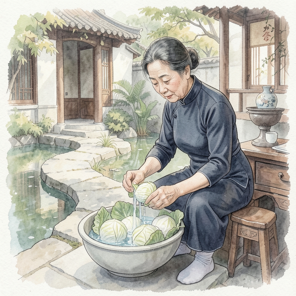 用冷水覆盖小白菜