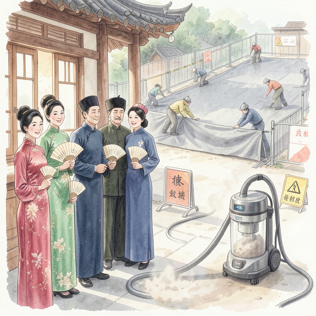 铺设防尘布和使用吸尘设备