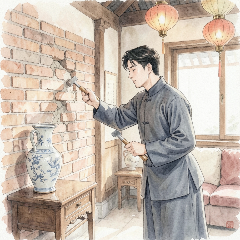 用凿子和锤子小心地敲击砖块