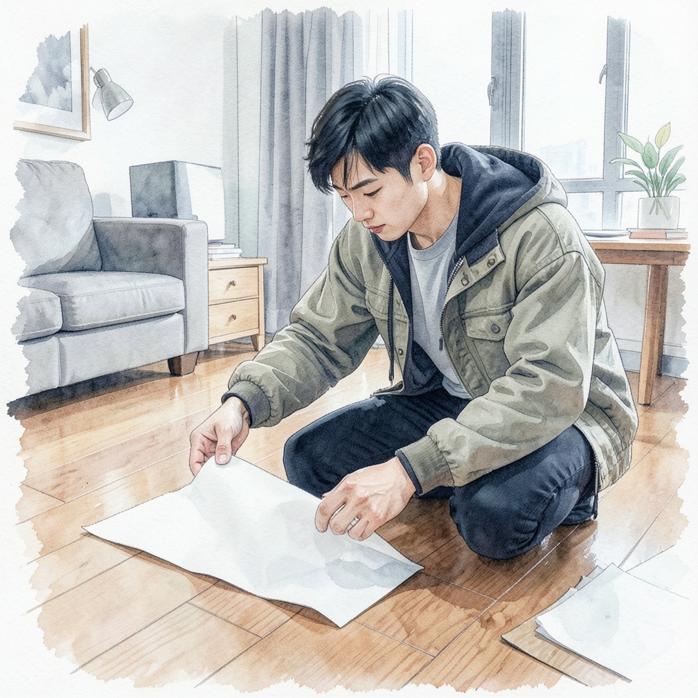 撕下第一块地板的背纸