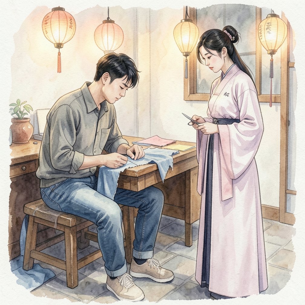 檢查牛仔布撕裂處的質感與觸感