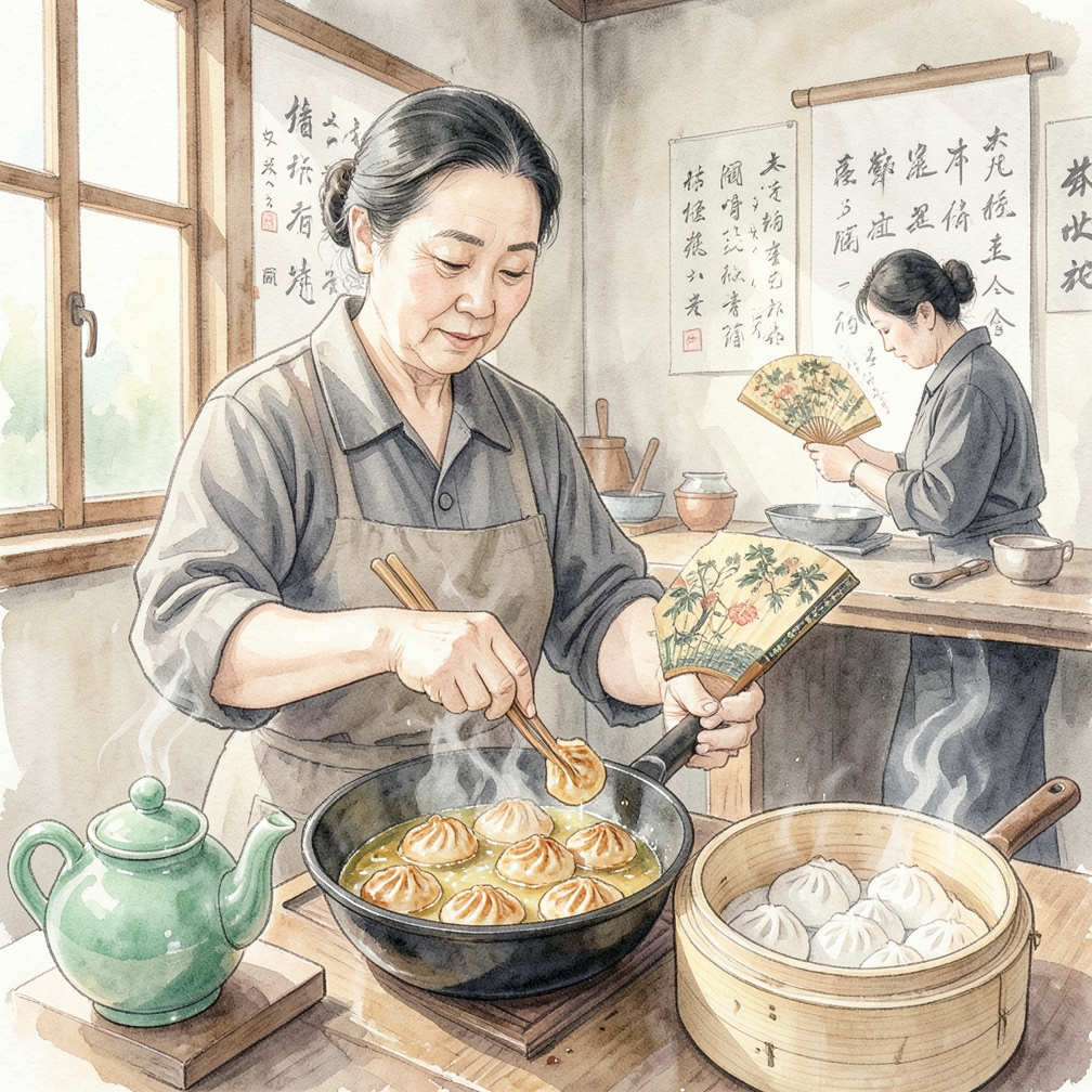 将饺子煎至金黄酥脆