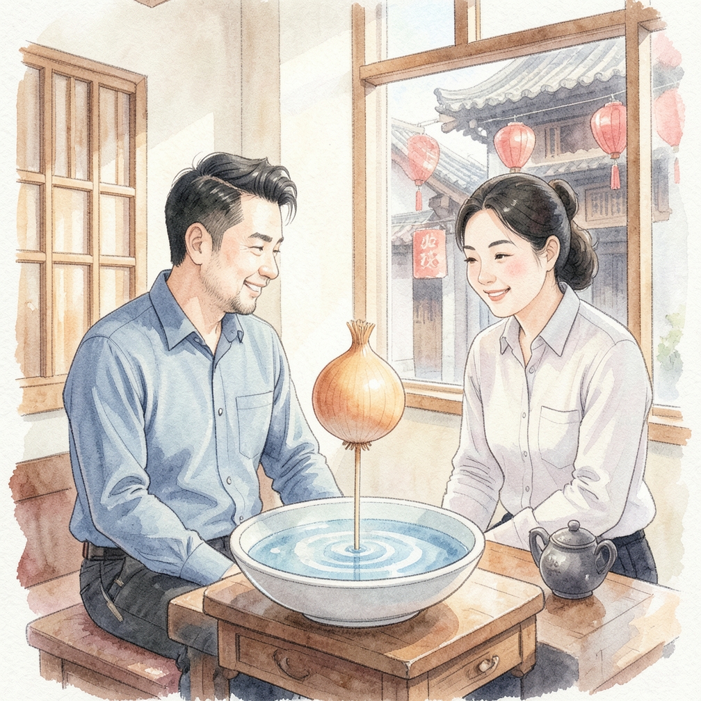 在洋葱周围均匀插入四根牙签