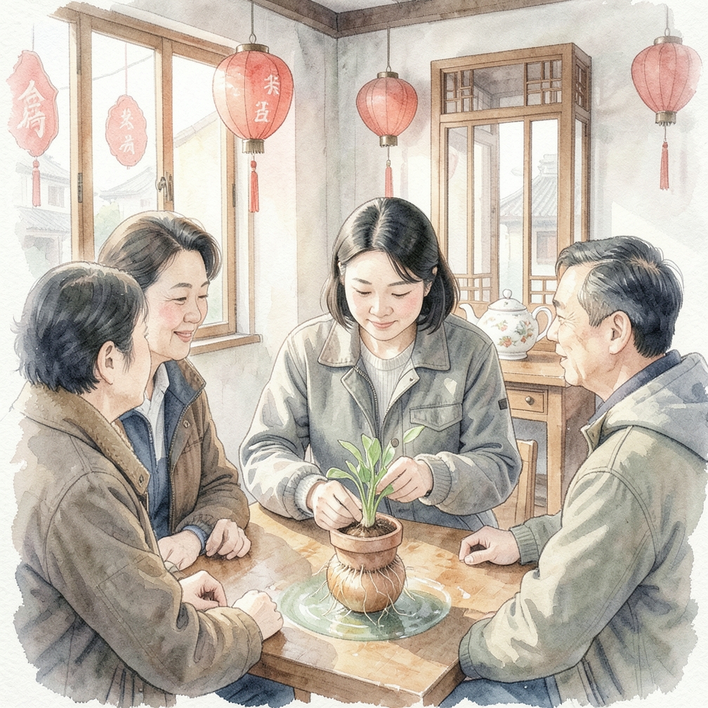 将洋葱根部朝下放在玻璃杯上，牙签支撑在杯口