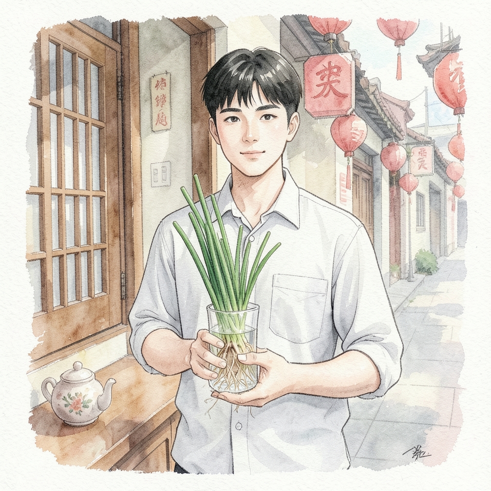 将葱的根部朝下放入透明玻璃杯中