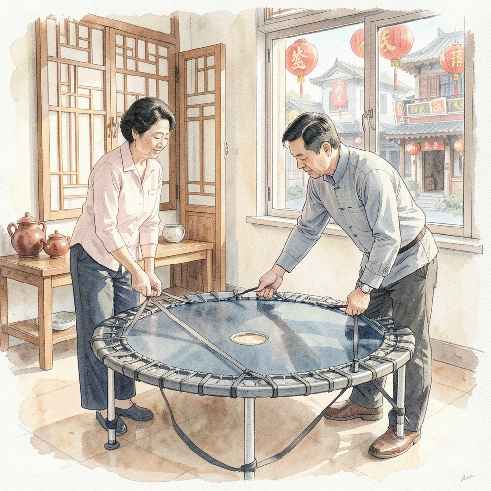 将固定带拉过蹦床框架顶部的圆形杆，直接对准每个锚点位置