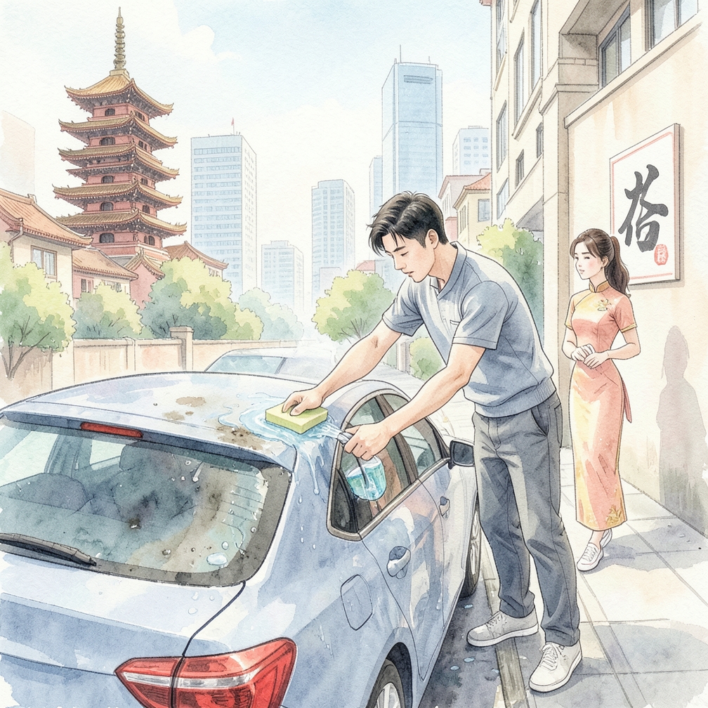 清洗並沖洗汽車車頂，然後讓其自然乾燥