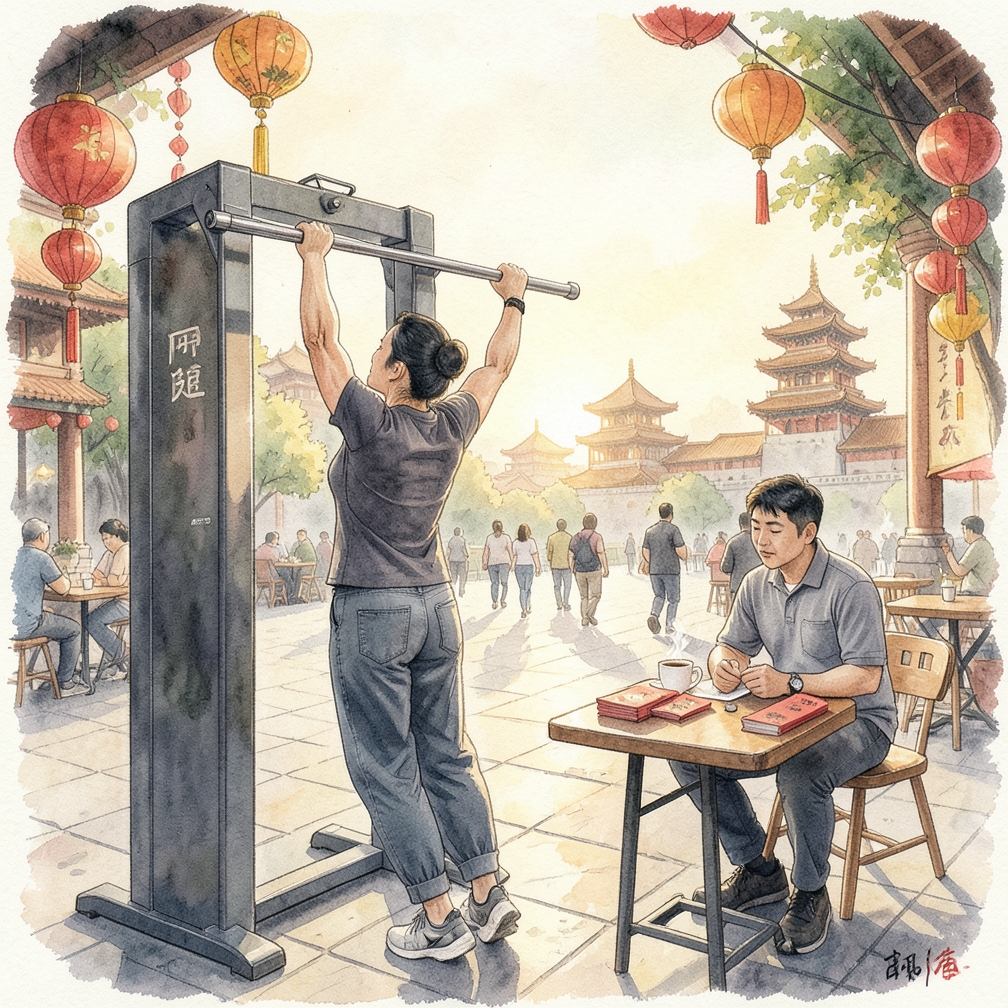 使用引体向上机模拟动作