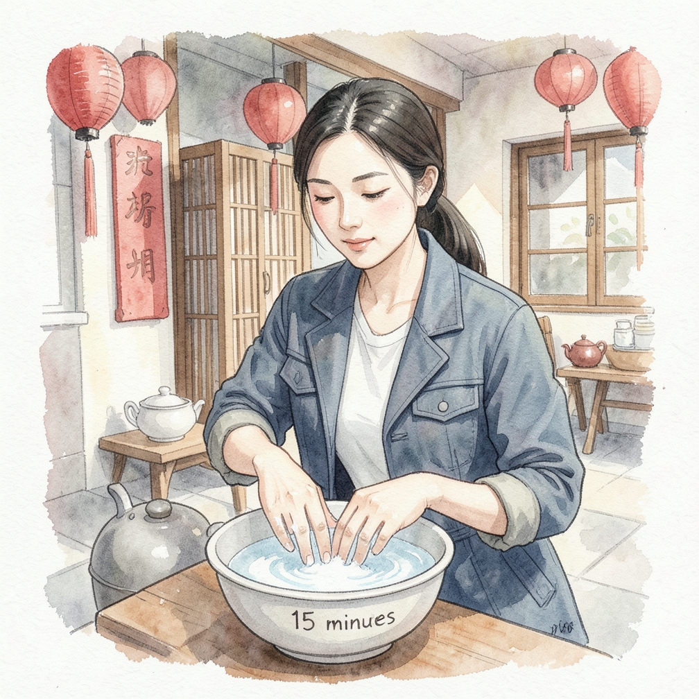 将指甲浸泡在溶液中约15分钟