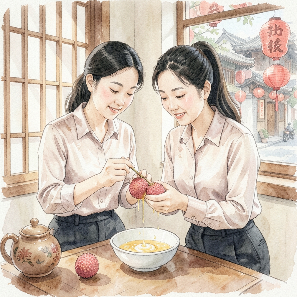 从荔枝的一端剥皮