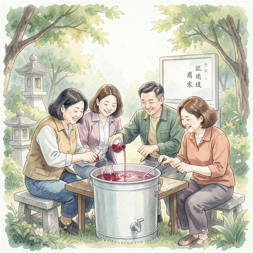 將葡萄汁倒入發酵桶