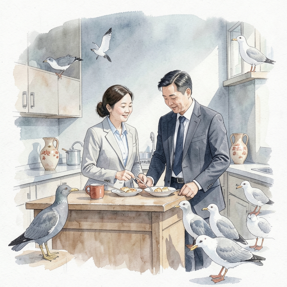 在户外用餐前扫描周围是否有海鸥