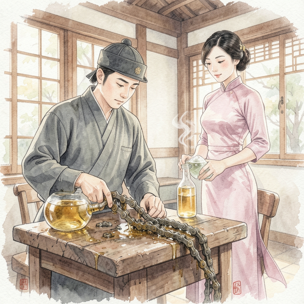 將嚴重積垢的鏈條浸泡在去油劑中20分鐘