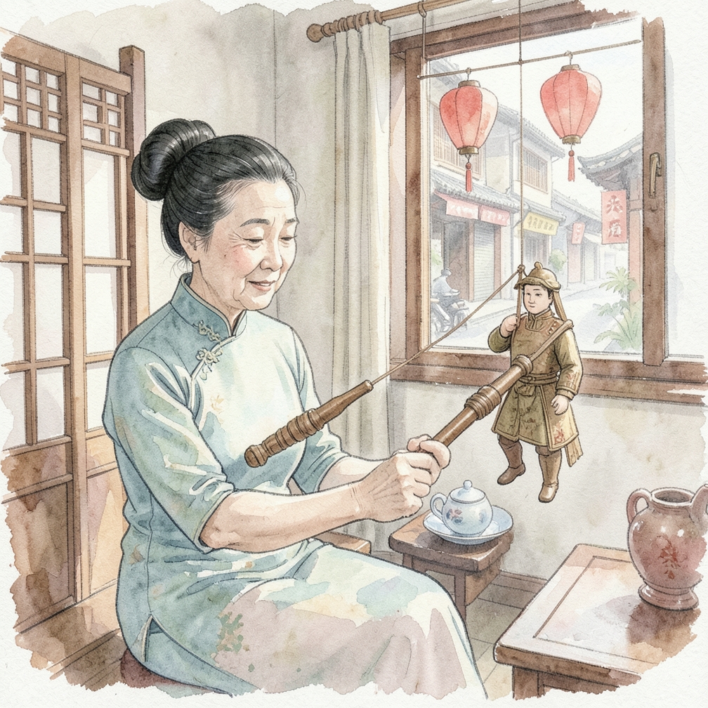 将偶人固定在柄上