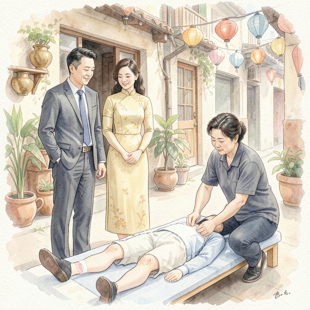 從傷腿大腿內側中間開始包紮