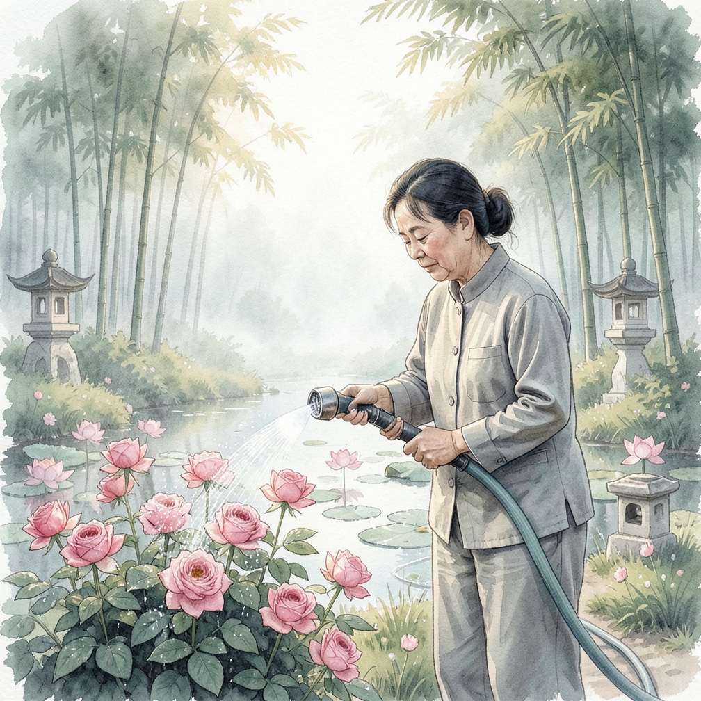清晨用喷壶或水管喷洒玫瑰花
