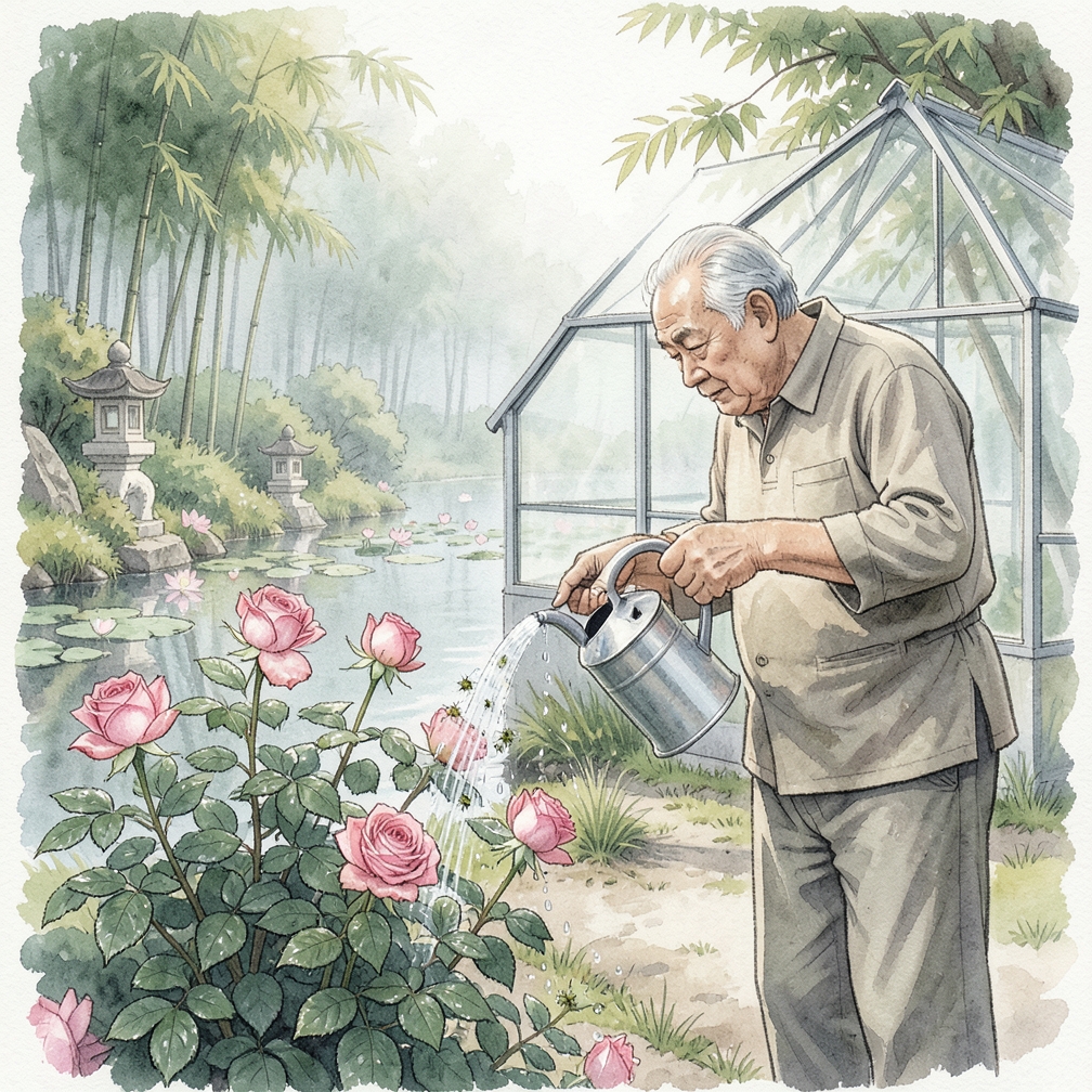 仔细喷洒玫瑰叶片背面