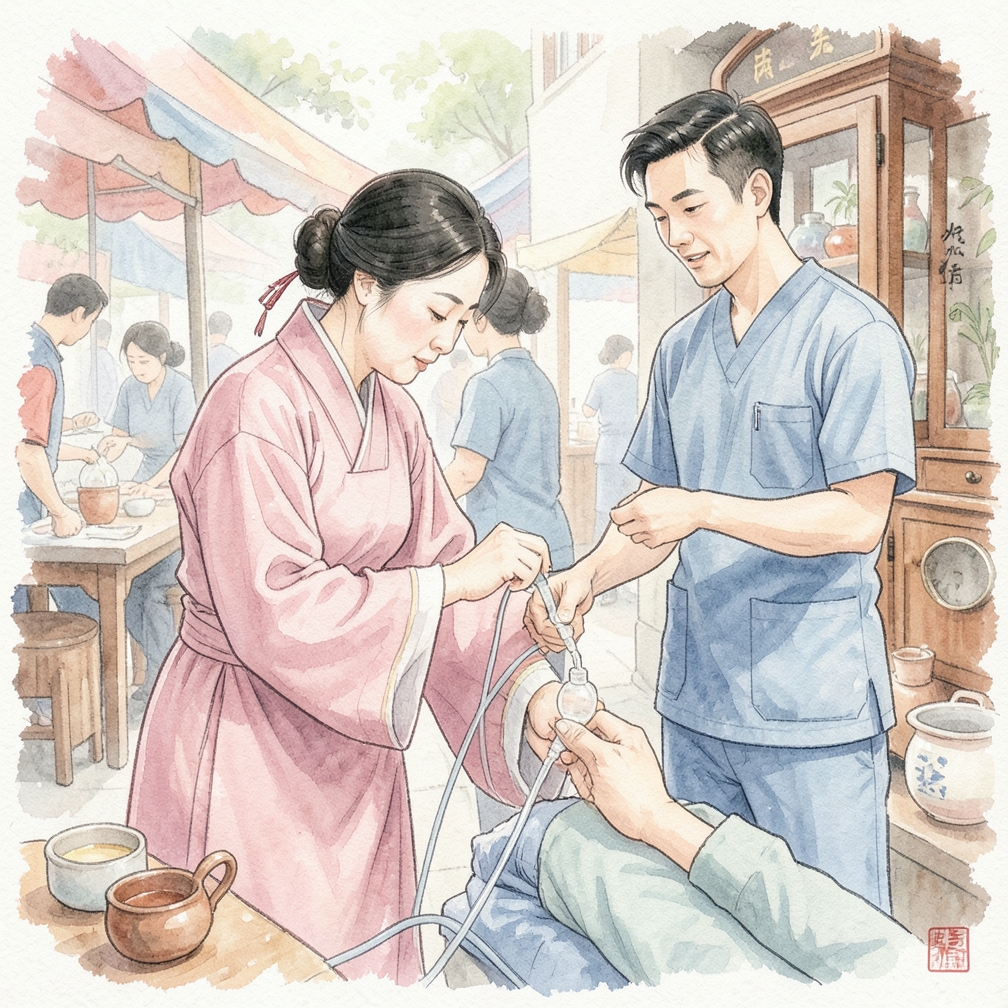 将宏套装或微套装插入输液袋并挂在输液架上