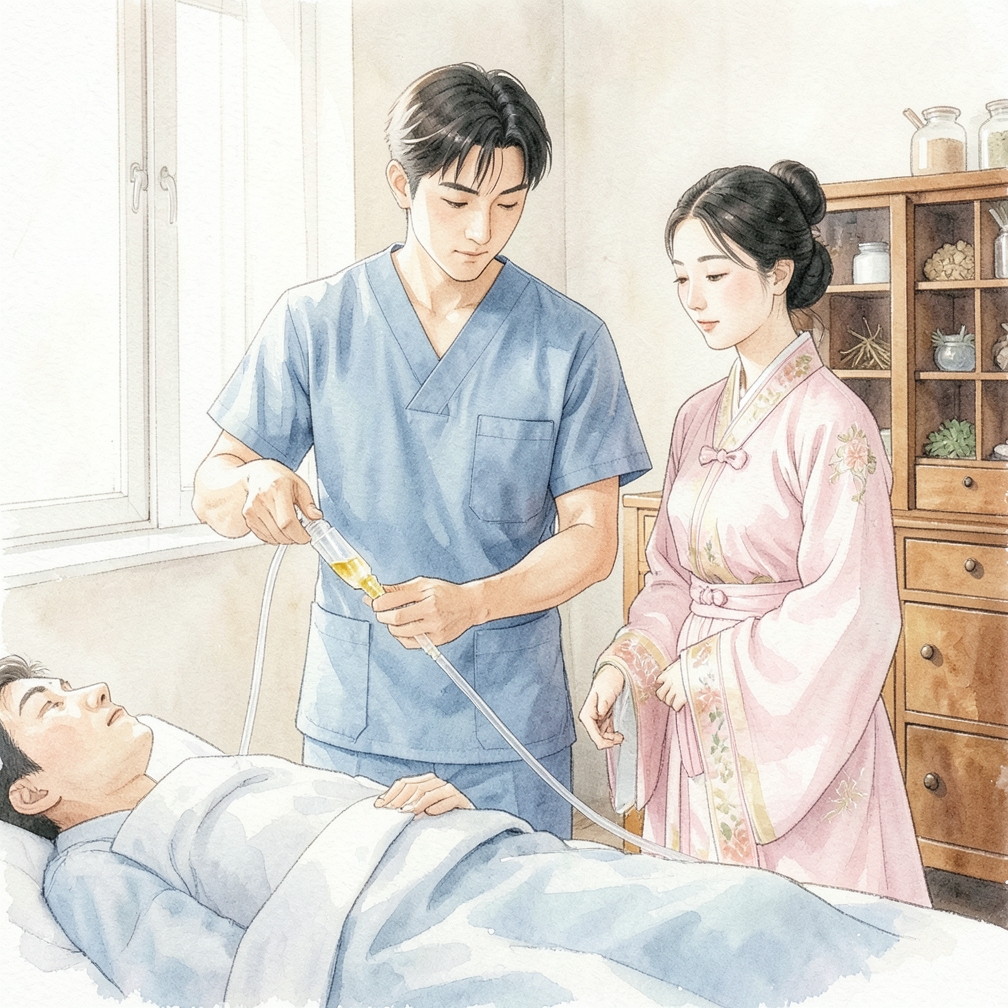 将针头端的管道悬挂在废物篮上方