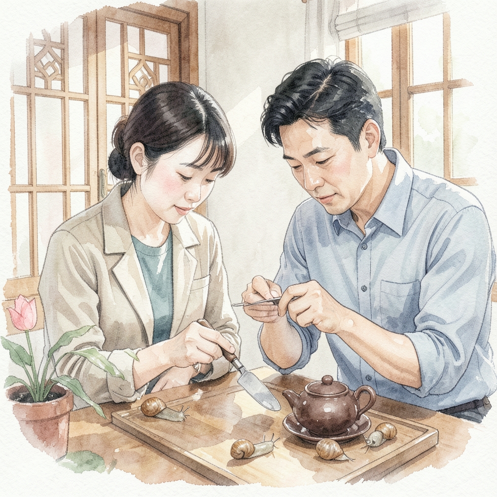 使用工具辅助捕捉蜗牛。