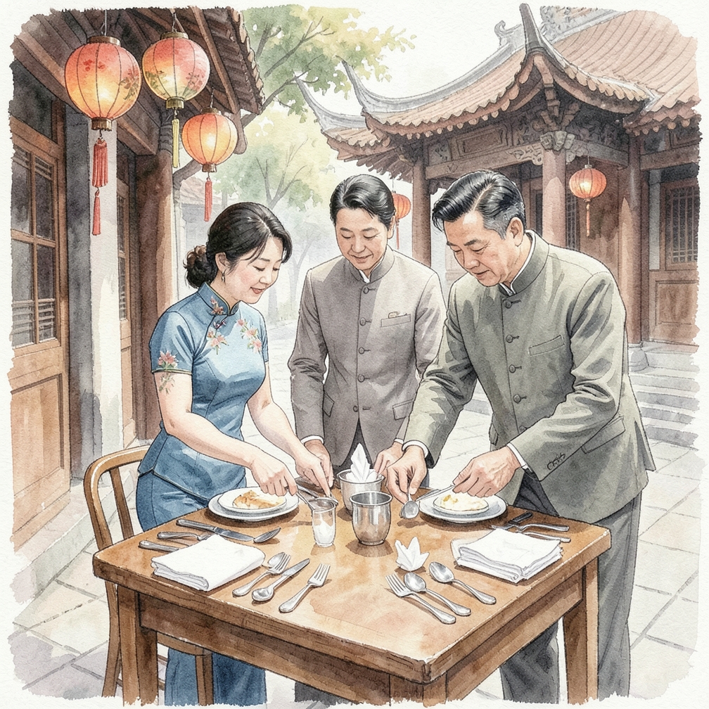 摆放餐具和餐巾