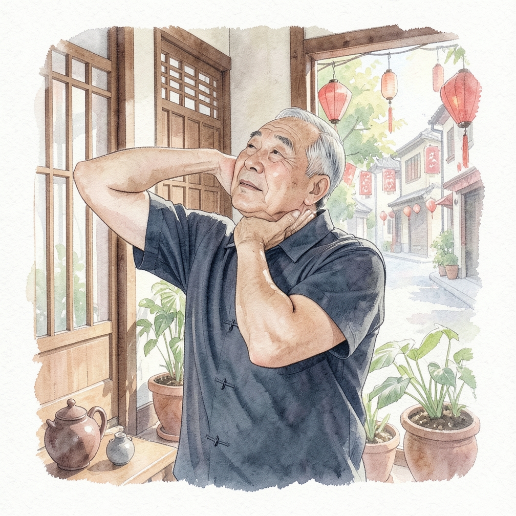 将下巴向胸部靠拢，同时抬起头部后部