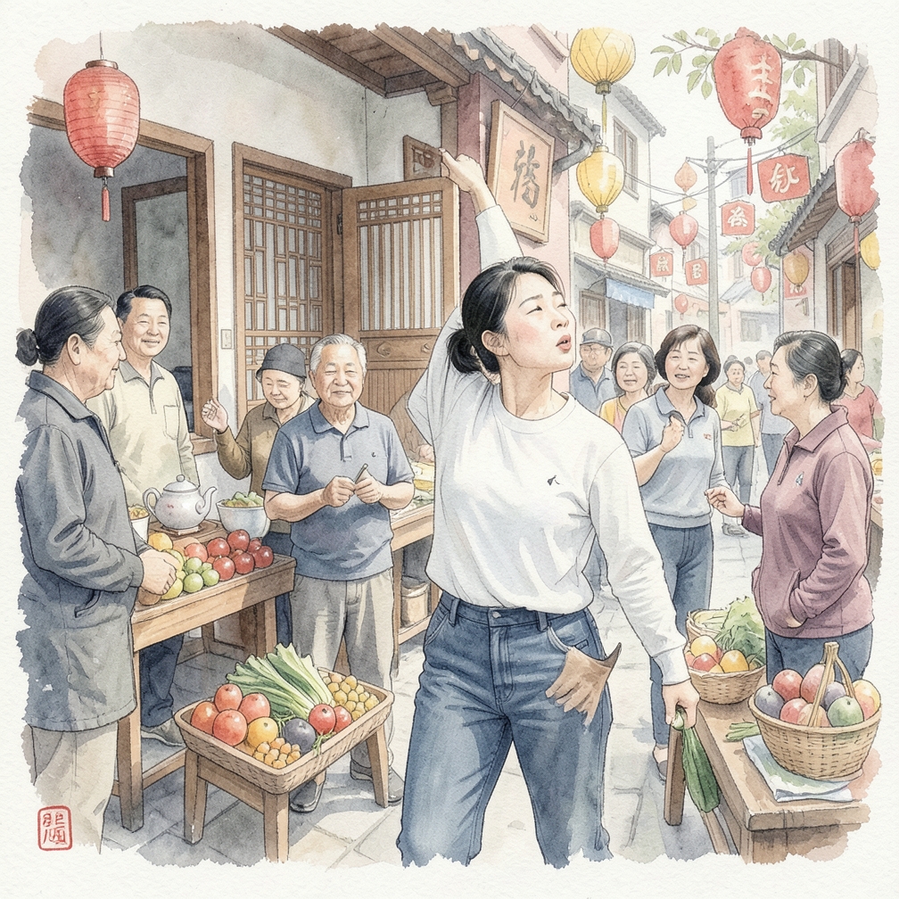 向右侧倾斜头部并伸展颈部