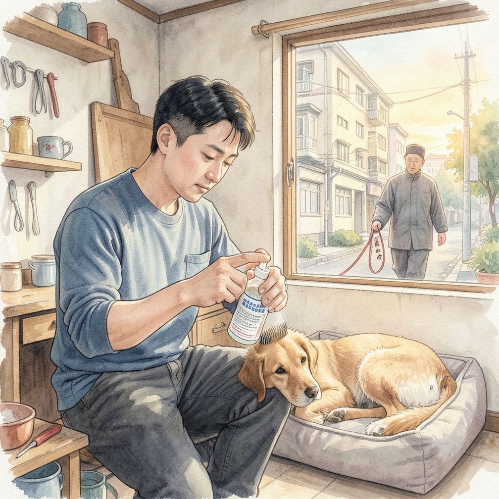 在刷子上喷解结喷雾，而不是直接喷在狗狗身上