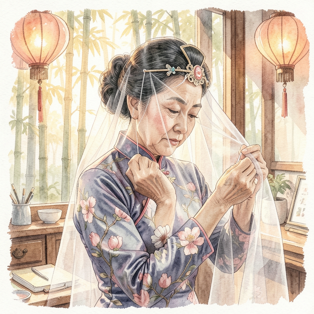 将面纱固定在头饰上