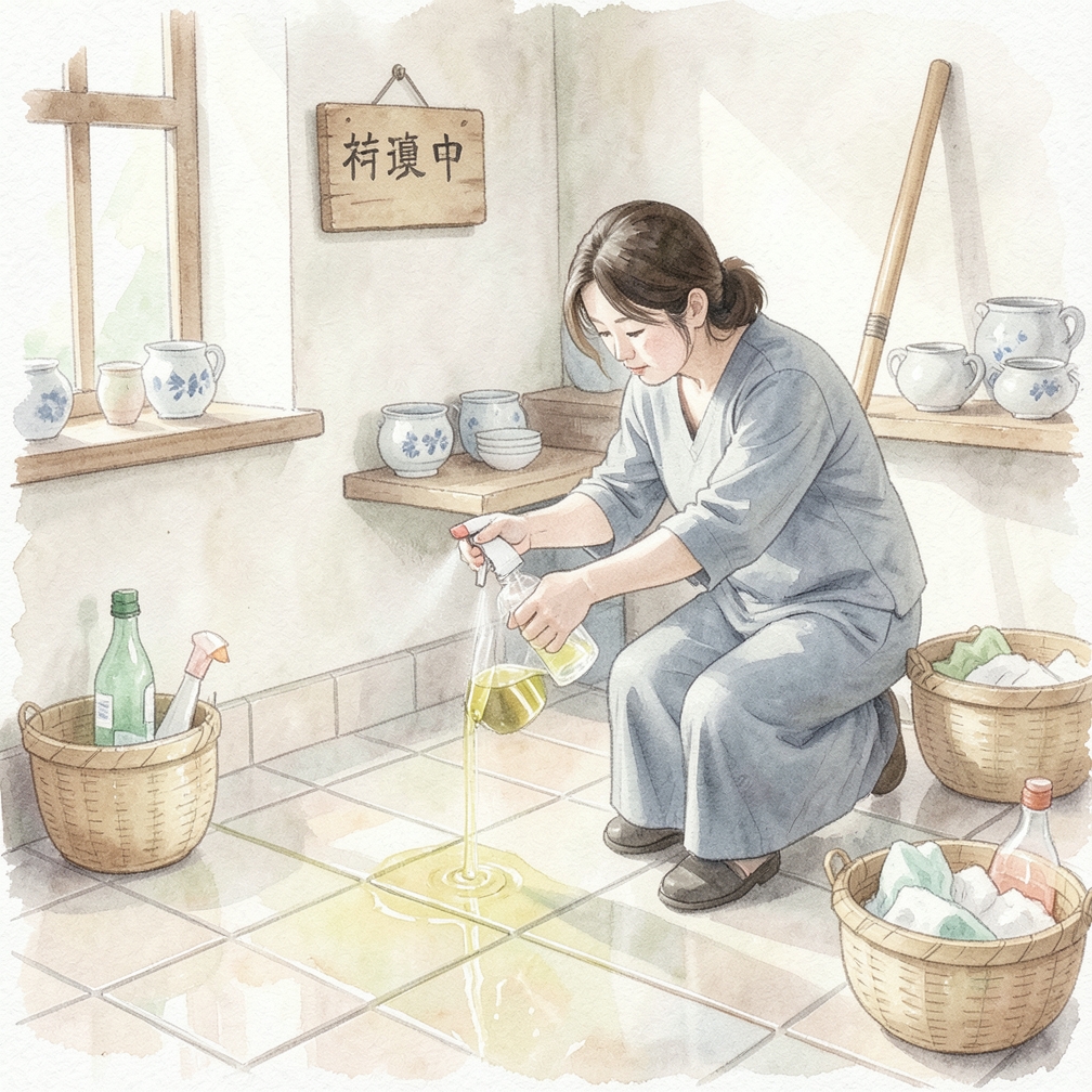 噴灑醋溶液至地磚縫隙