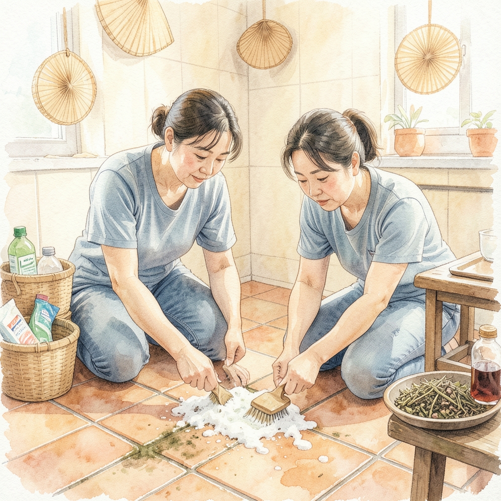 將混合物塗抹於地磚縫隙