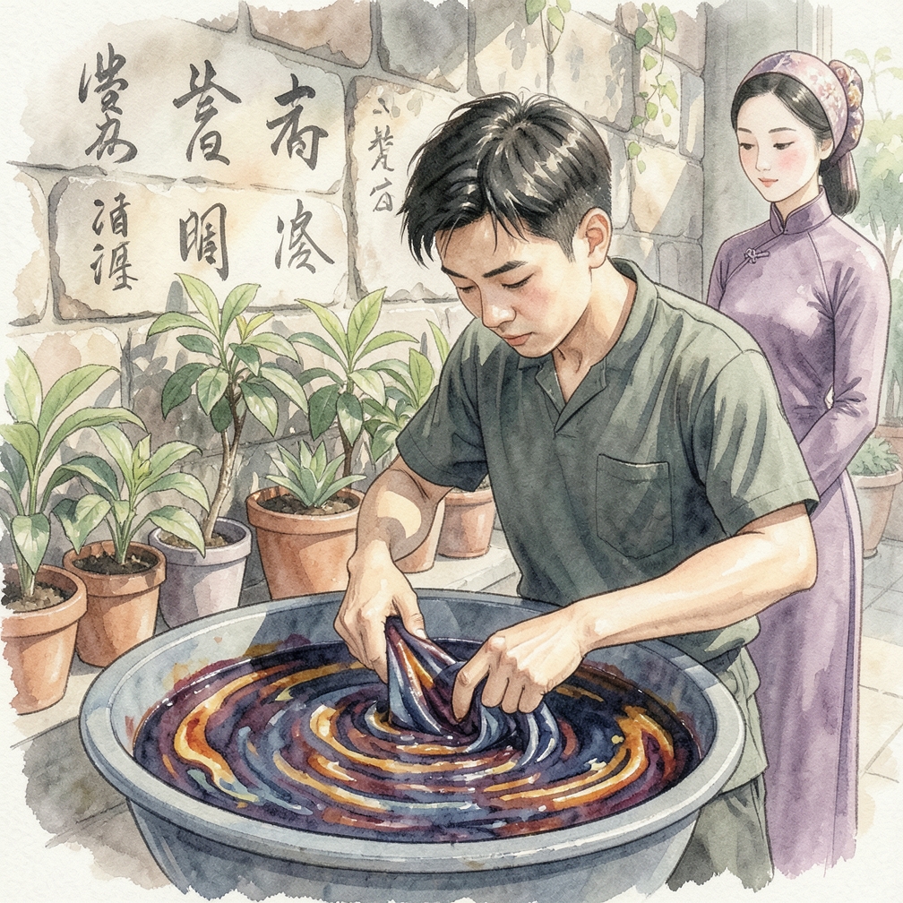 將布料浸入染料混合液