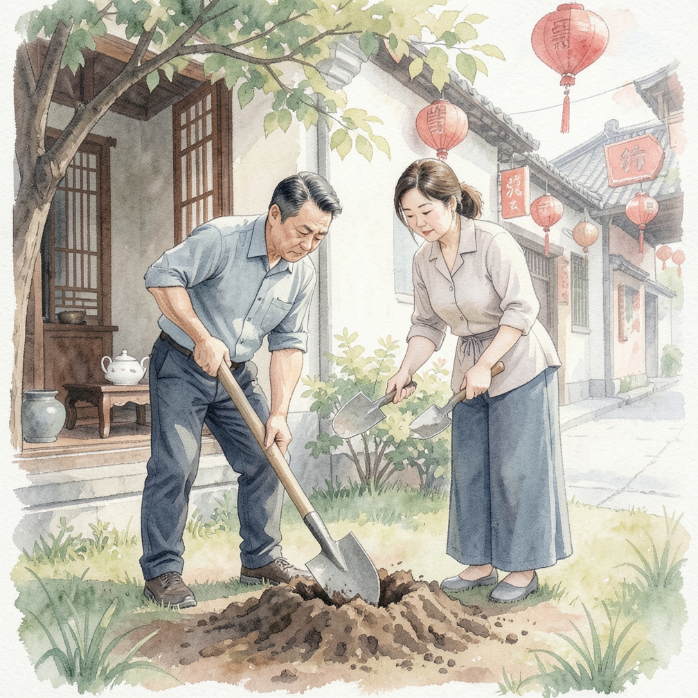 用铁锹松土