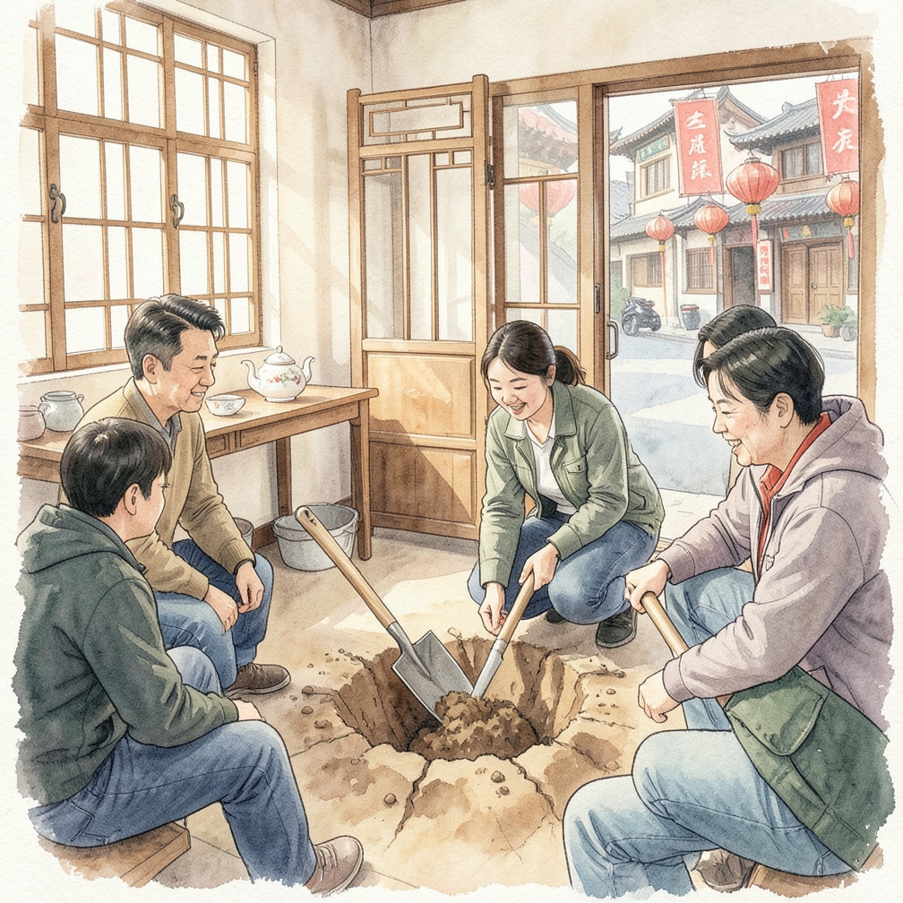 从洞外向内铲土
