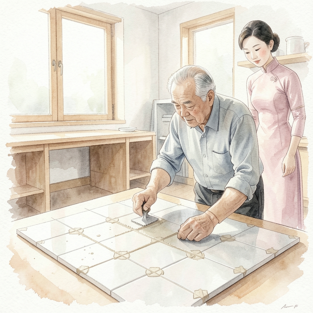 涂抹胶水并铺设瓷砖