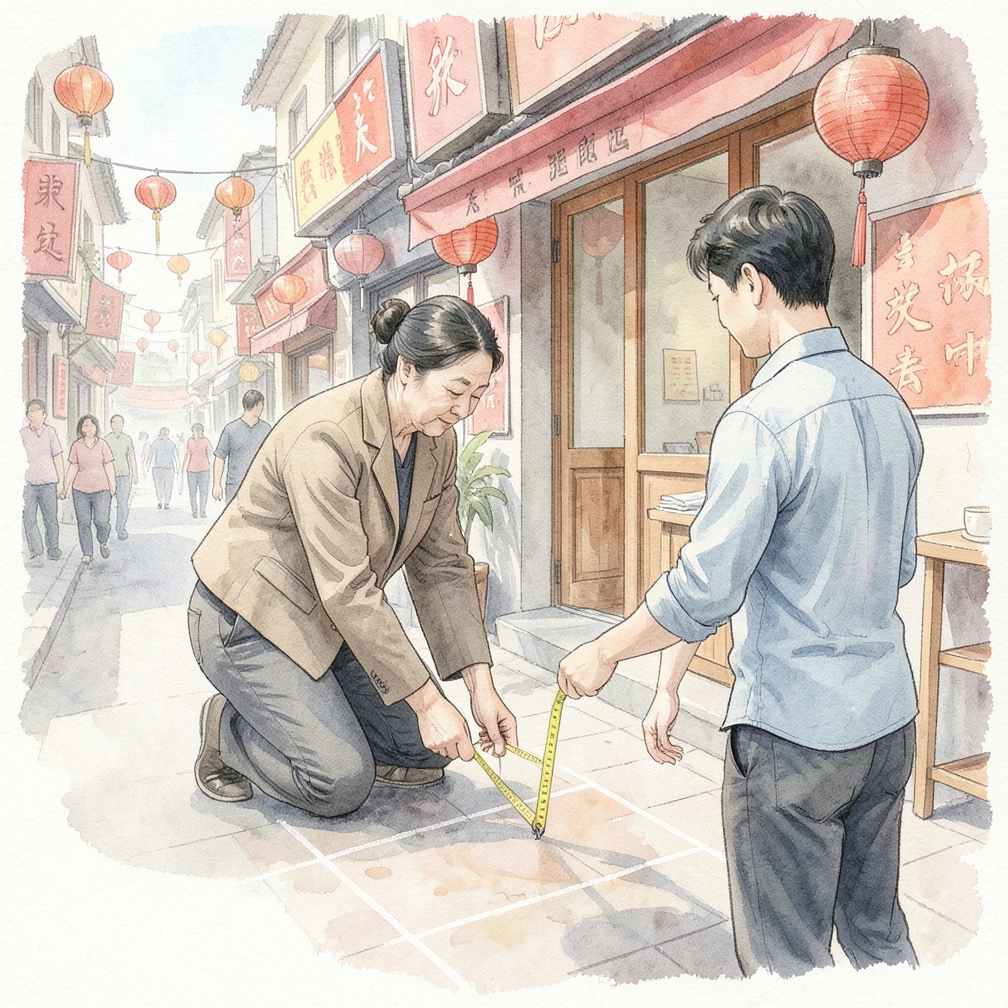 用粉笔标记如厕区的尺寸以确定框架大小