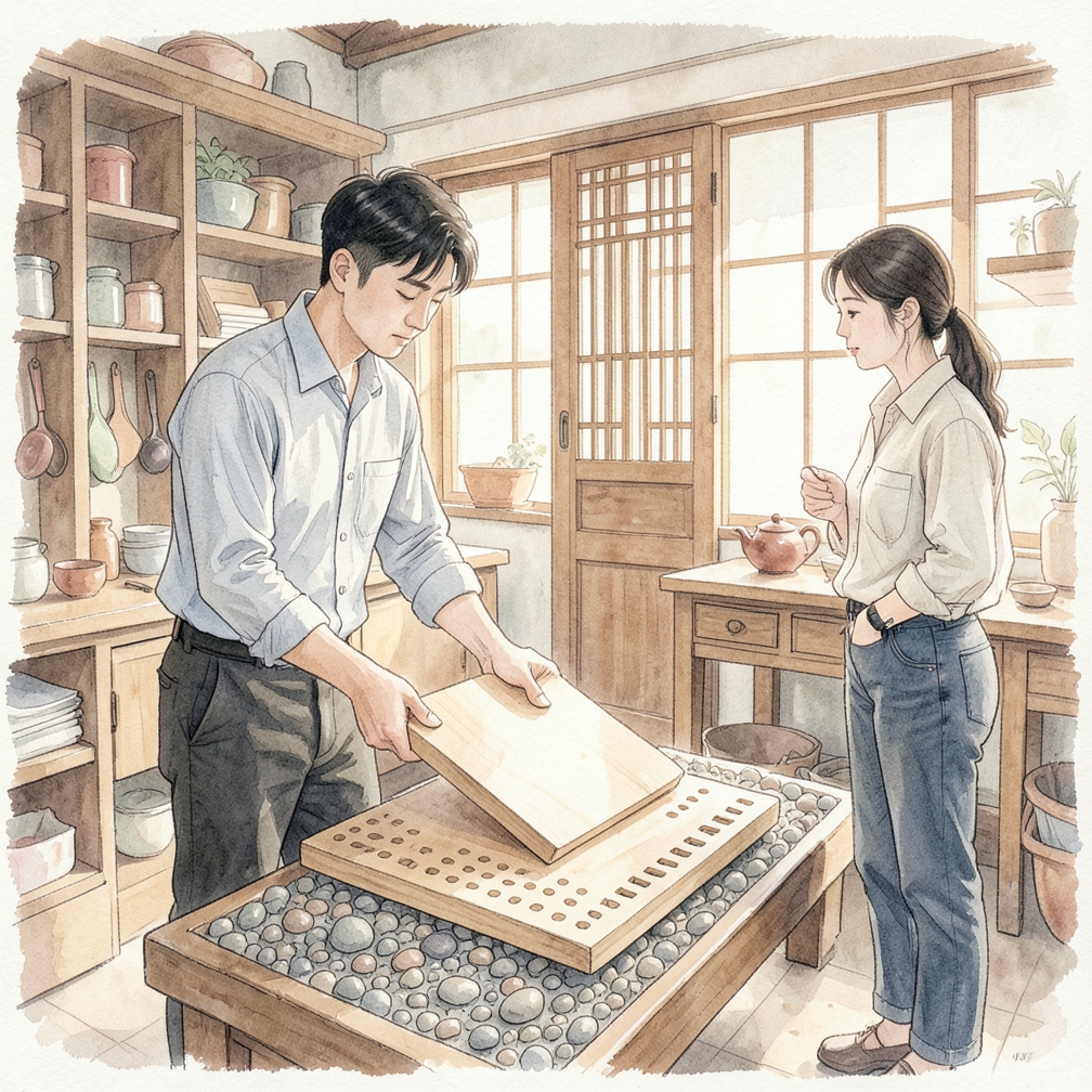 在豌豆石上放置一块木板（可选）