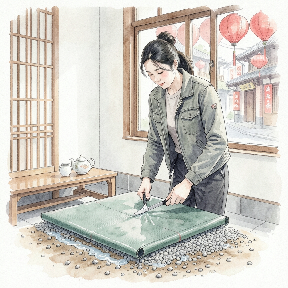 在木板或豌豆石上铺设地布