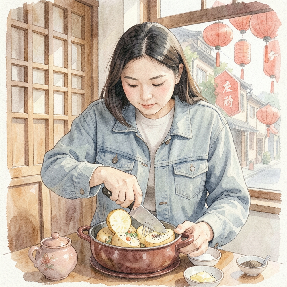 切开土豆并添加配料