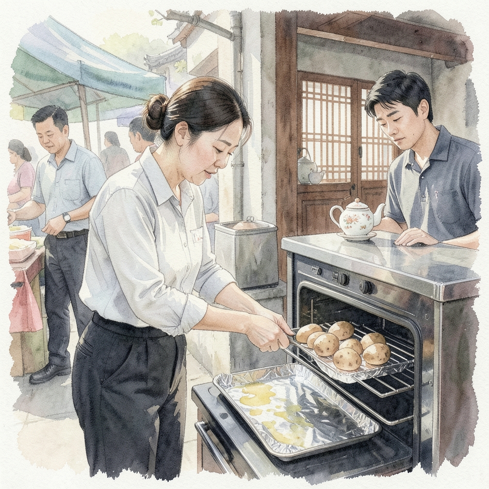 将土豆放在烤箱中层架上