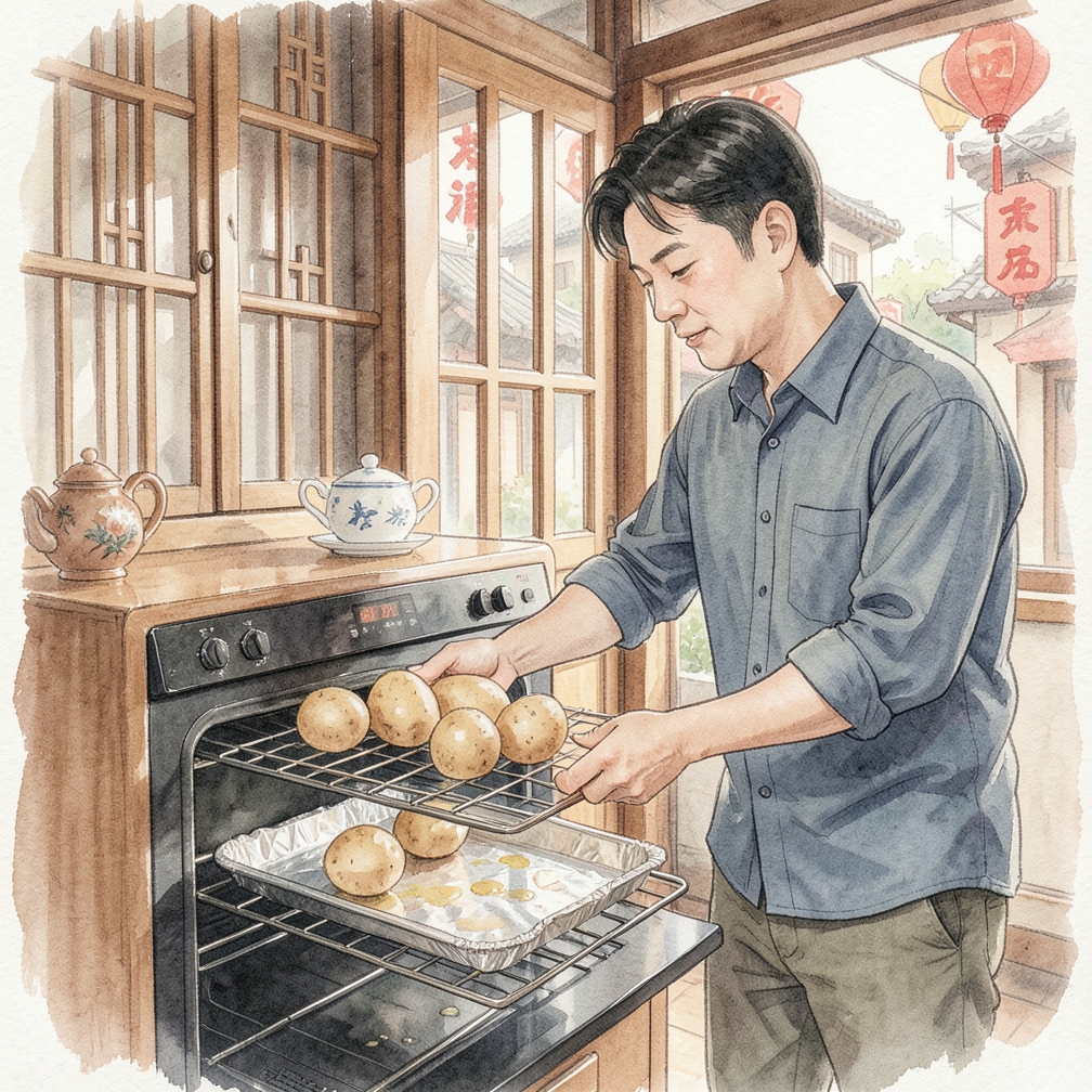 将土豆放在烤箱中层架上
