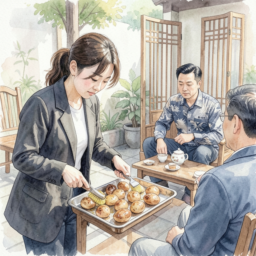 翻动土豆以确保均匀烘烤
