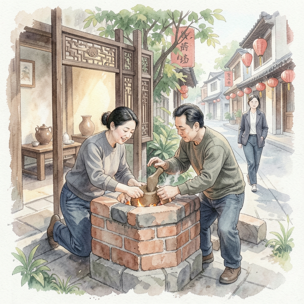 将陶土块放入熔炉