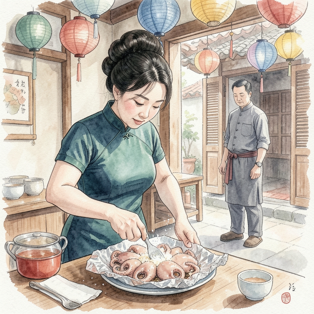 将章鱼放在烤盘上