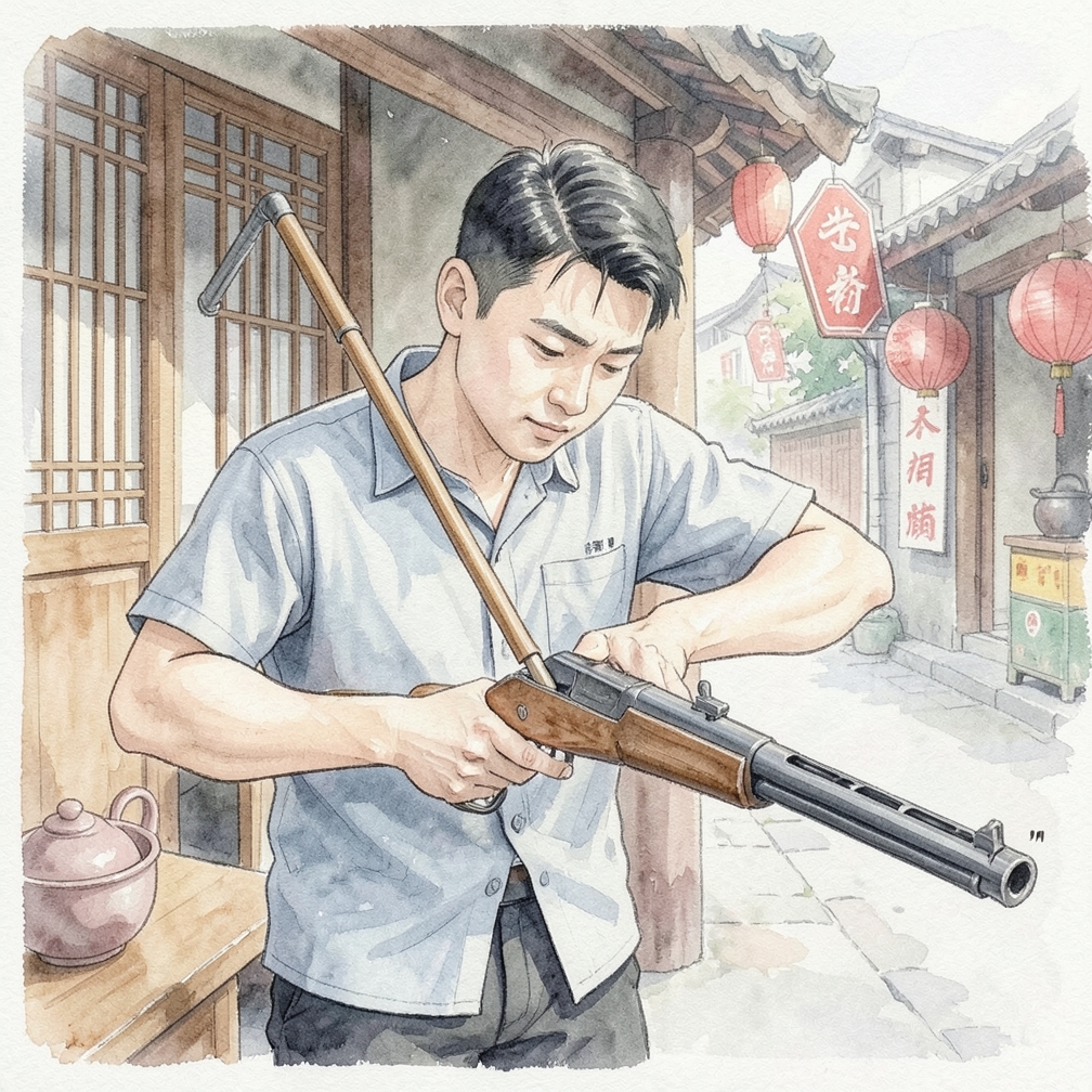 将清洁杆插入枪管
